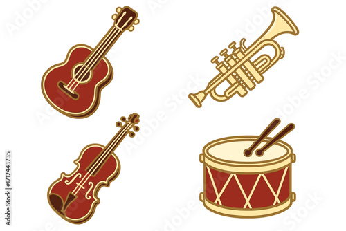 Musical instruments in simple design featuring guitar, trumpet, violin, and drum on white background