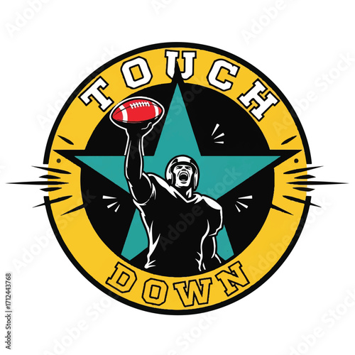 Football player celebrating a touchdown with the ball raised high in the air, inside a star.