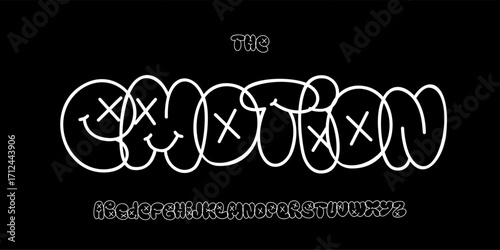 Urban line bubble alphabet, outlined funky font, rebellious graffiti for street logo, comic headline, emo typography, playful typographic design. Vector typeset.