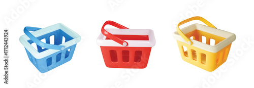 3d shopping basket. Shops cart selling groceries supermarket, floating plastic market buckets for customer goods, creative product vector illustration. Basket to buy