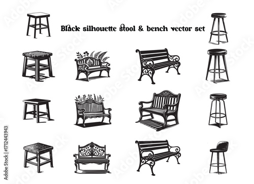Elegant Black Silhouette Vector Set Featuring Wooden Stools, Benches, Minimal and Classic Styles