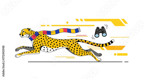 Cheetah Sporting Scarf Races Forward With Binoculars, Illustration On White Background