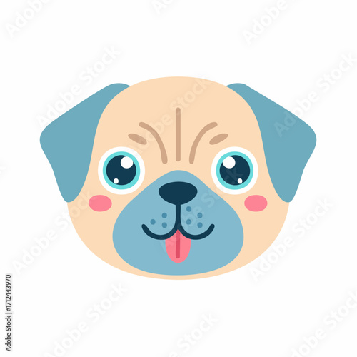 Charming and adorable cartoon illustration of a happy pug dog's face, featuring big blue eyes and a playful expression, perfect for children's designs or pet-themed projects