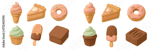 Colorful assortment of sweet desserts and treats arranged neatly on a white background