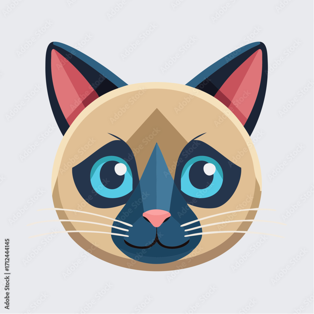Obraz premium Adorable Siamese Cat Face Portrait in Vector Illustration, Cartoon Style, with Big Eyes