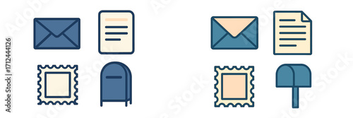 Digital mail and postal service icons featuring envelopes, documents, postage stamps, and mailboxes for modern communication