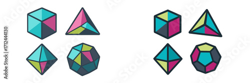 Colorful geometric shapes arranged in contrasting groups on a clean background with vibrant colors
