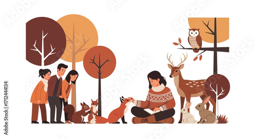 Autumnal Gathering: Humans Observe Forest Fauna Amidst Trees in Warm Seasonal Hues