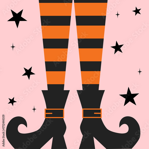 cute hand drawn funny halloween holiday vector card illustration with witch legs with orange and black striped socks and boots on pink background with stars