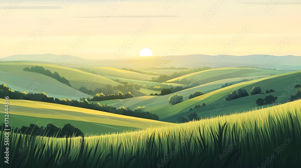Obraz premium Serene sunrise over rolling hills, golden light illuminating lush green fields and distant valleys