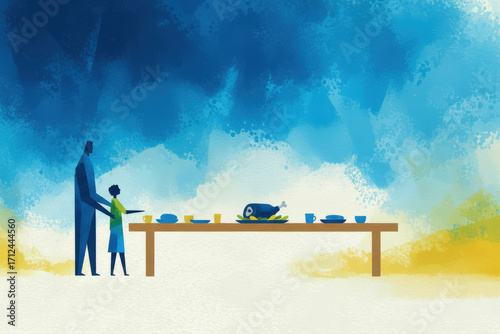 The feast for the prodigal son's return. Father and son at a table with the fatted calf, symbolizing forgiveness and celebration. Modern biblical illustration.
