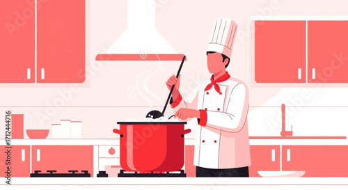 Chef Preparing Delicious Dish in a Kitchen with Modern Interior Design Elements