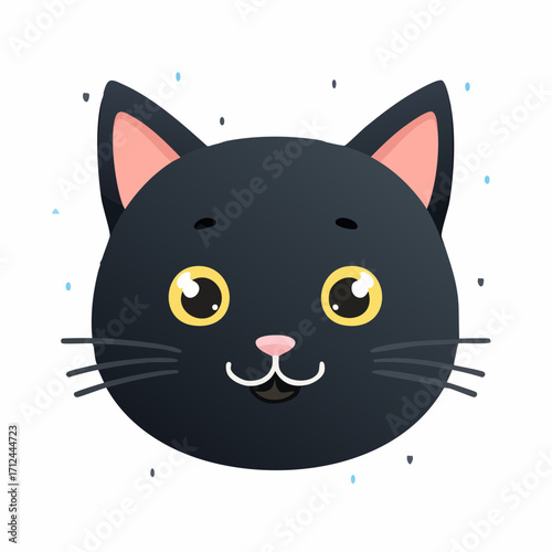 Cute black cat illustration with bright yellow eyes and pink inner ears, a charming and friendly cartoon portrait