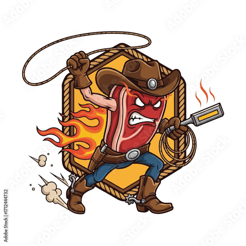 An angry cartoon bacon strip dressed as a cowboy, wielding a lasso and a glowing hot branding iron.