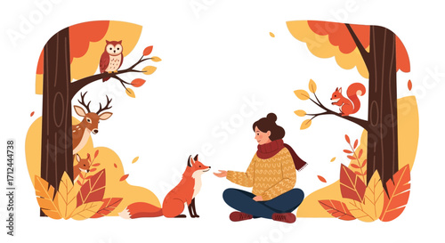 Autumnal Harmony: A Woman's Connection With Woodland Creatures, Peaceful Scene