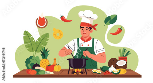 Chef Preparing Culinary Masterpiece With Fresh Ingredients in Vibrant Colorful Kitchen Illustration