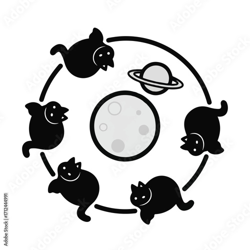 Six black cartoon cats orbiting a moon with a ringed planet in a circular graphic design.