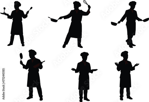 Silhouette professional chef cooking with utensils, kitchen staff in uniform, culinary expert preparing food, restaurant cook holding pan, gastronomy art concept