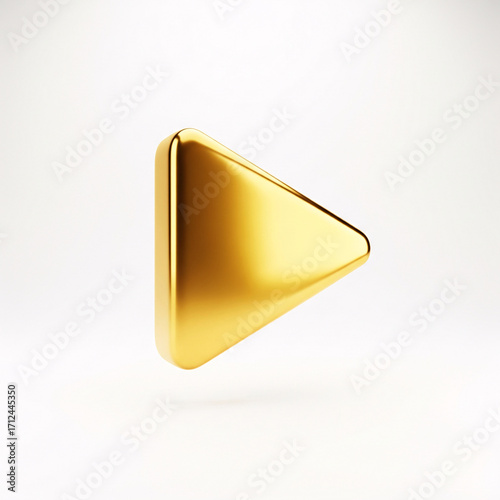 A stylized golden play button with a polished surface,