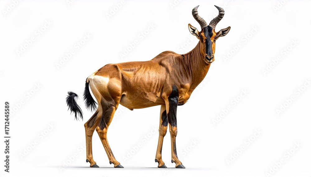 Fototapeta premium African Hartebeest: A stately African Hartebeest stands in sharp focus, its majestic horns and rich coat gleaming, portraying the splendor of African wildlife against a backdrop of neutral hue.