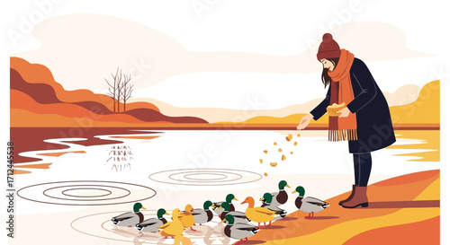Autumnal Scene: A Woman Feeding Ducks near a Lake with Scenic Backdrop Illustration