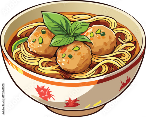 Meatball soup clipart, isolated cartoon illustration, meatballs in clear broth with noodles