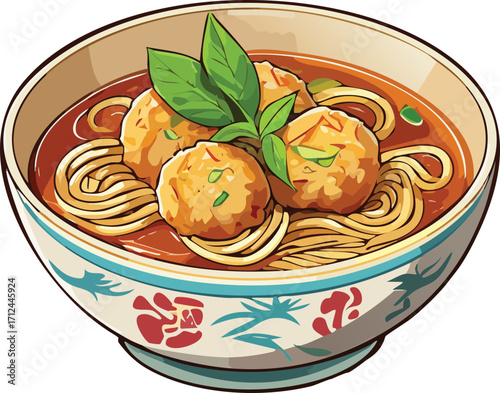 Meatball soup clipart, isolated cartoon illustration, meatballs in clear broth with noodles