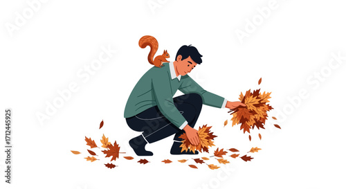 Autumnal Scene Depicts Man Collecting Leaves as a Squirrel Observes Patiently