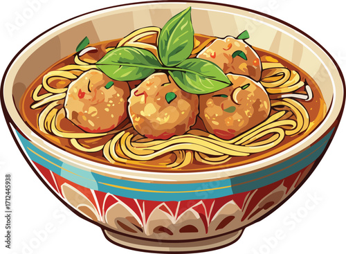 Meatball soup clipart, isolated cartoon illustration, meatballs in clear broth with noodles