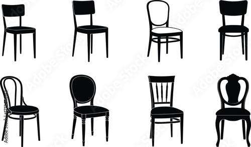 Vintage chair silhouettes collection, classic wooden seating design, retro furniture vector set, black illustration, antique chair shapes, elegant decor
