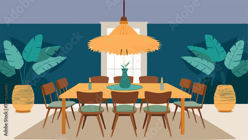 A dining room with a statement chandelier made of woven straw and a large wooden dining table surrounded by tropicalinspired chairs.