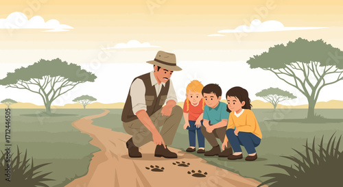 Children Learn About Animal Tracks From A Wildlife Expert In African Savannah Landscape