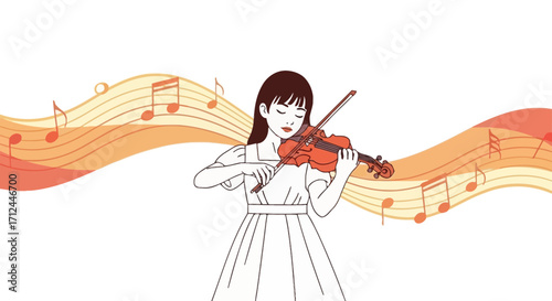 Creating Melodies: A Violinist's Serenade Amidst Flowing Musical Notes on White