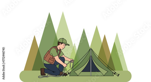 Creating The Tent During Overnight Camping In Front Of The Evergreen Tree Background