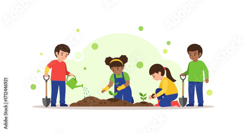 Children Planting Trees Together And Working In Ecosystem With Gardening Tools