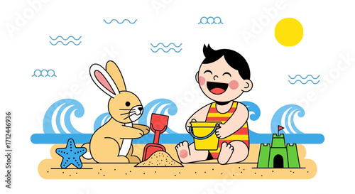 Child And Bunny Play, Sunny Beach Time, Joyful Moments Of Summer, Happy Seaside