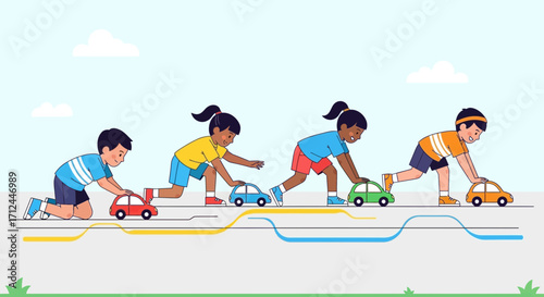 Children Play Racing Cars, Exciting Activity Depicting Drive, Competition, and Childhood Fun