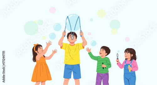 Children Playing Bubbles, Creating Joyful Moments, and Celebrating Happiness Together