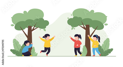 Children Playing Hide And Seek In a Picturesque Forest Environment Outdoors