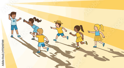 Children Playing In The Sunny Light, Happy Childhood Moments And Outdoor Activities