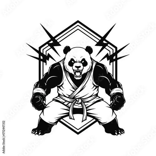 A fierce cartoon panda in a martial arts gi, with lightning bolts emanating from behind it, set against a hexagonal frame.