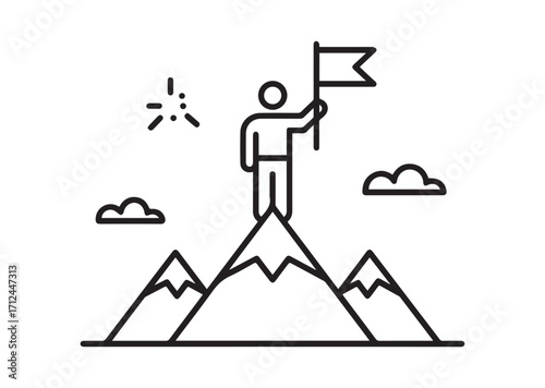 Man on top of mountain with flag thin line art Vector