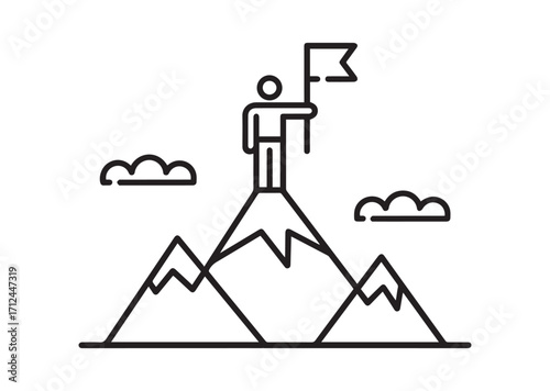 Man on top of mountain with flag thin line art Vector