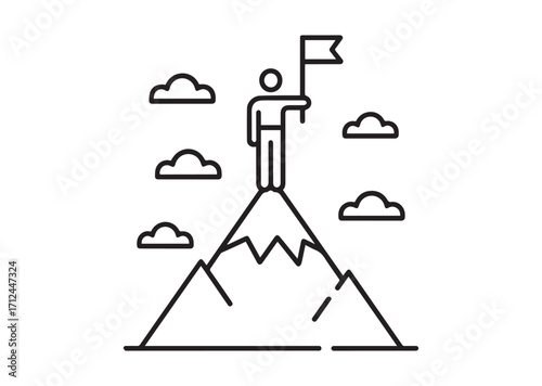 Man on top of mountain with flag thin line art Vector