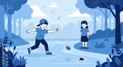 Children Playing Stone Skipping In Tranquil Waters Of Serene Forest Environment