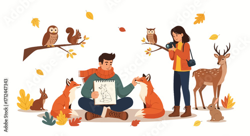 Autumnal Wildlife Illustration: A Forest Artist Captures Moments with Adorable Creatures