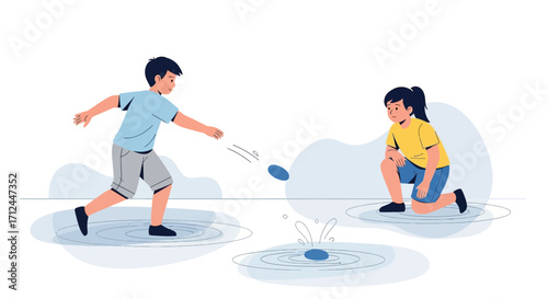 Children Playing The Game Of Stone Skipping Over Water, Flat Vector Illustration