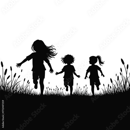 Three children running through tall grass and reeds