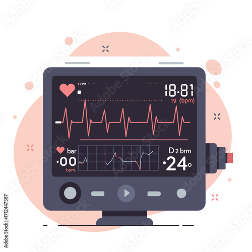 Modern Vector Illustration of Heart Rate Monitor with ECG Line in Minimalist Style Featuring Pink and Dark Gray Colors