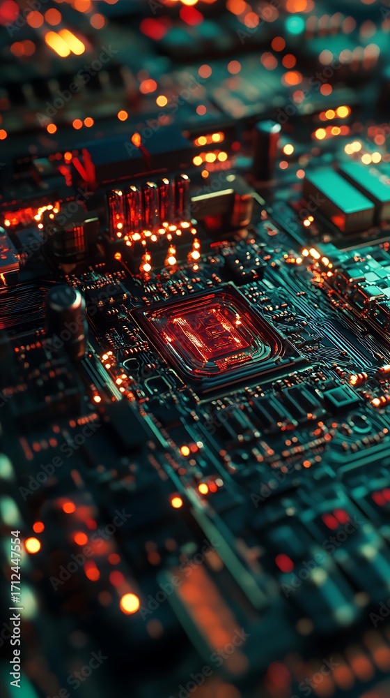 Obraz premium Detailed view of a futuristic computer motherboard with glowing orange and teal lights photo
